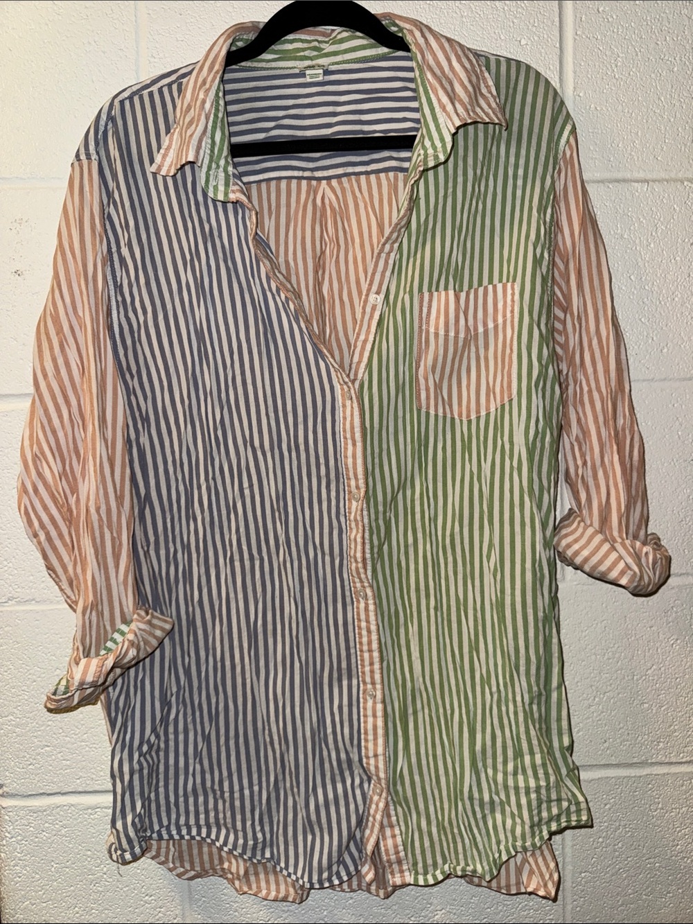 aerie Striped Button-Down Shirt in Blue, Green & Peach